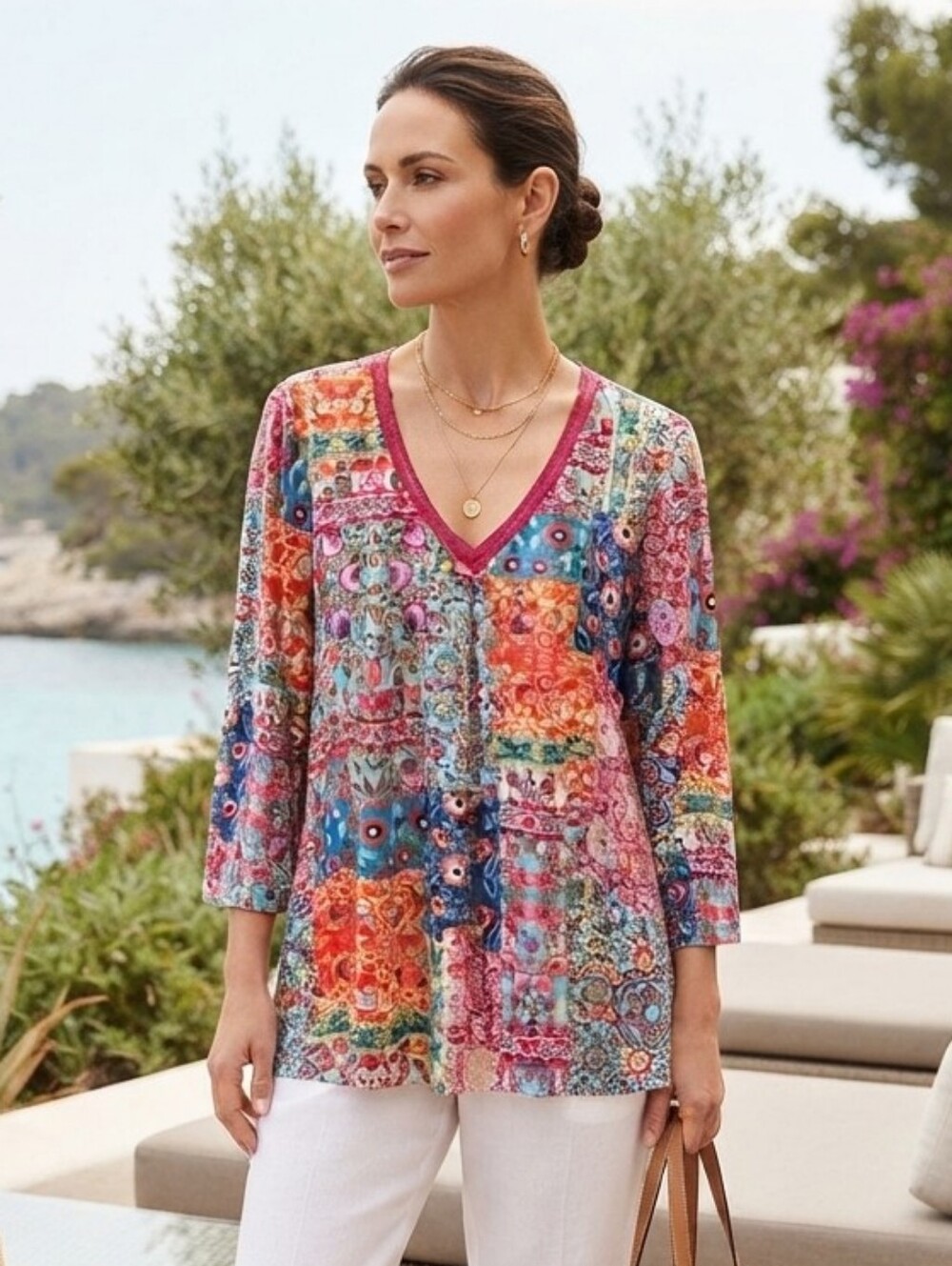 Sunny Leigh L Bohemian Hippie Resortwear Paisley Patchwork Silky Knit Tunic Top
